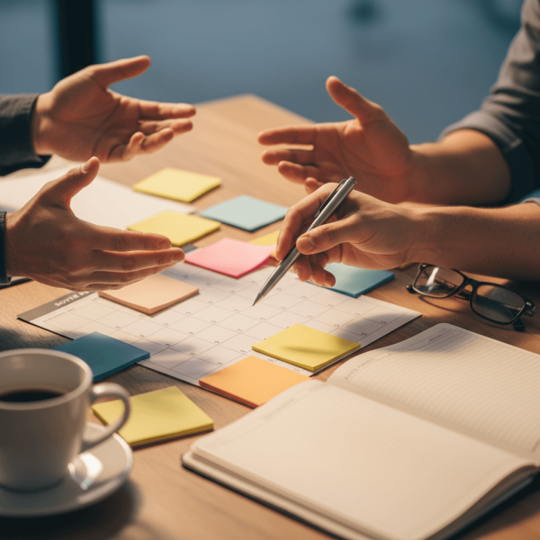 Planification de projet de formation lors d'un entretien CEP avec documents et notes de travail